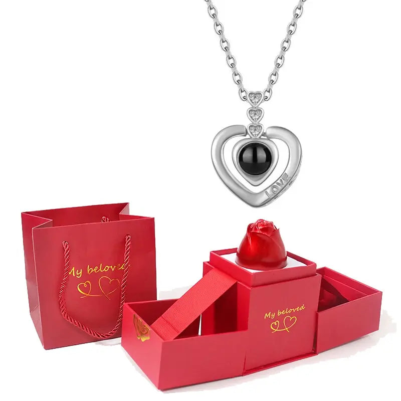 HotRose Conjunto con collar “te amo el 100 idiomas” en caja de rosa ascendente - [PROMOCIÓN DISPONIBLE SOLO HOY]