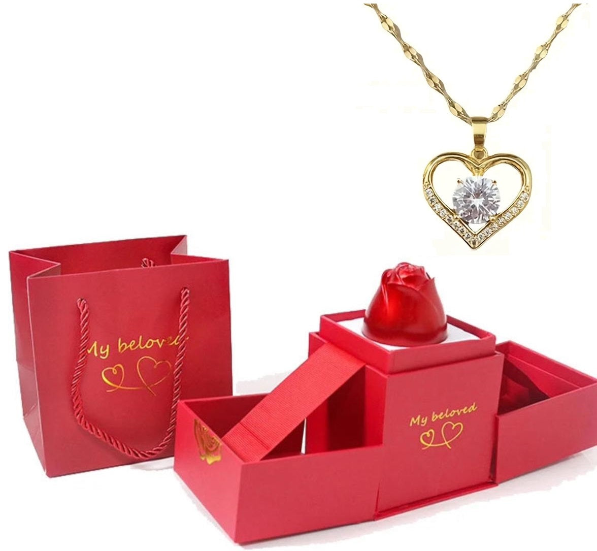 HotRose Conjunto con collar “te amo el 100 idiomas” en caja de rosa ascendente - [PROMOCIÓN DISPONIBLE SOLO HOY]